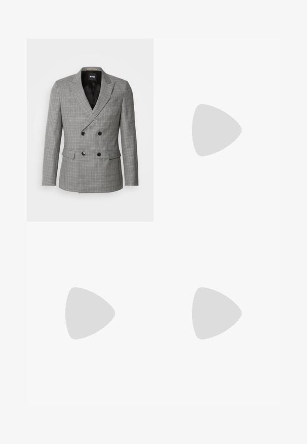 Grau karierte Doppelreiher-Blazer mit schwarzen Knöpfen, spitzen Revers und Fronttaschen. Glattes Material mit taillierter Passform. Gefüttertes Innenfutter.; Dunkelblaues, langärmeliges Hemd mit Knopfleiste aus glattem Stoff. Verfügt über einen spitzen Kragen und Ein-Knopf-Manschetten. Minimalistisches Design ohne Muster.; Beige maßgeschneiderte Hosen mit geradem Bein, aus leichtem Stoff, mit zwei vorderen Taschen und ordentlich gebügelten Falten.; Schwarzer Lederloafer mit grauem, strukturiertem Vorderblatt, silberner Metallschnalle, niedrigem Absatz und Zuglasche hinten.
