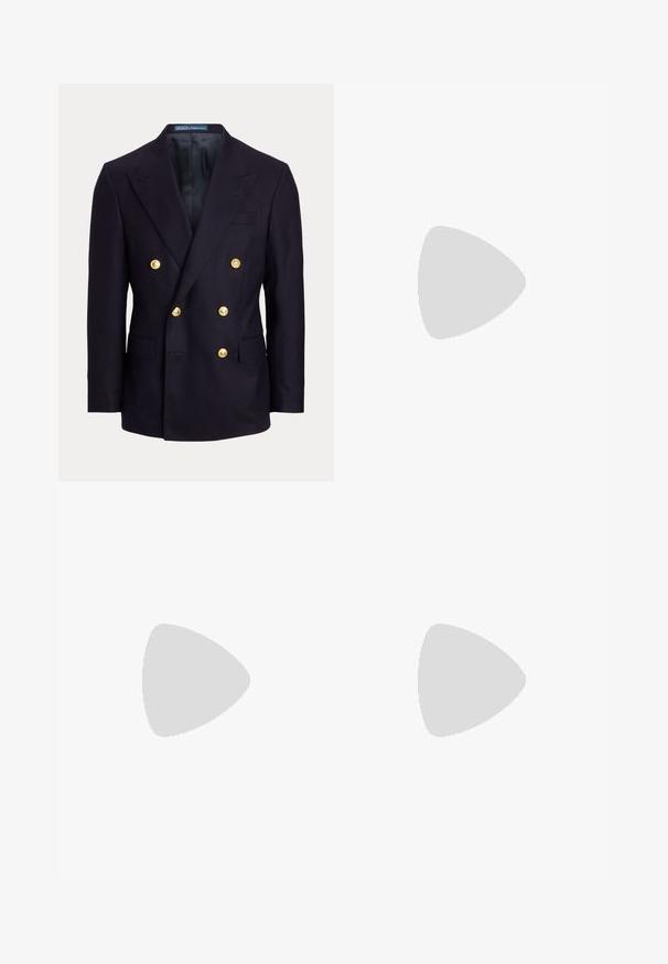 Marineblå dobbeltradet blazer med brede lapeller og seks gyldne knapper, med forlommer med klap og en glat sort inderforing.; Armor lux LOCTUDY MARINIÈRE - Langærmet T-shirt - navire/nature; Khaki chinos med en glat tekstur, lige ben design, forlommer og knaplukning. Struktureret talje med bæltestropper.; Brune læder loafers med et vævet detaljer og et guldfarvet element. Flad træhæl med sort gummigreb. Glat tekstur, klassisk design.