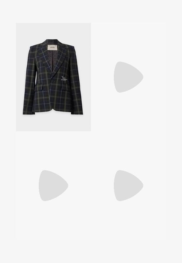 Mørk ternet blazer med hvide og grønne linjer, enkelt knap, to klaplommer og lille broderet "ZV" logo på frontens højre side.; Hvid ærmeløs bluse med blomsterbroderi, rund halsudskæring og snore foran. Bølgeformet kant og detaljerede syninger.; Brune ternede bukser med vide ben, høj talje og sidepaneldetalje, vist fladt på en hvid baggrund.; Sorte læder loafers med rundt tå, sløjfe-dekoration og tekstureret gummisål. Let hævet blokhæle for ekstra højde og stabilitet.