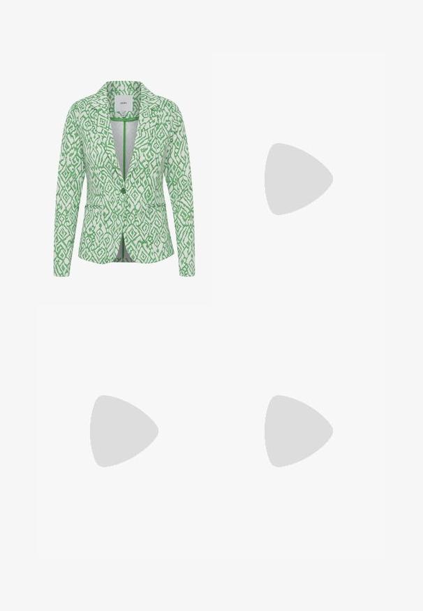 Grün und weiß gemusterte Blazer mit Reverskragen, einreihigem Knopfverschluss und zwei Vordertaschen. Strukturiertem Stoff mit kompliziertem Design.; Gina Tricot TINA - Top - purple rose (5141); Lollys Laundry MAISIE PANTS - Stoffhose - green; Transparente Jelly-Sandalen mit gewelltem Design, ausgestattet mit einem Zehensteg und einem geriffelten Sohlenmuster. Die Farben umfassen hellgrün und klare Töne.