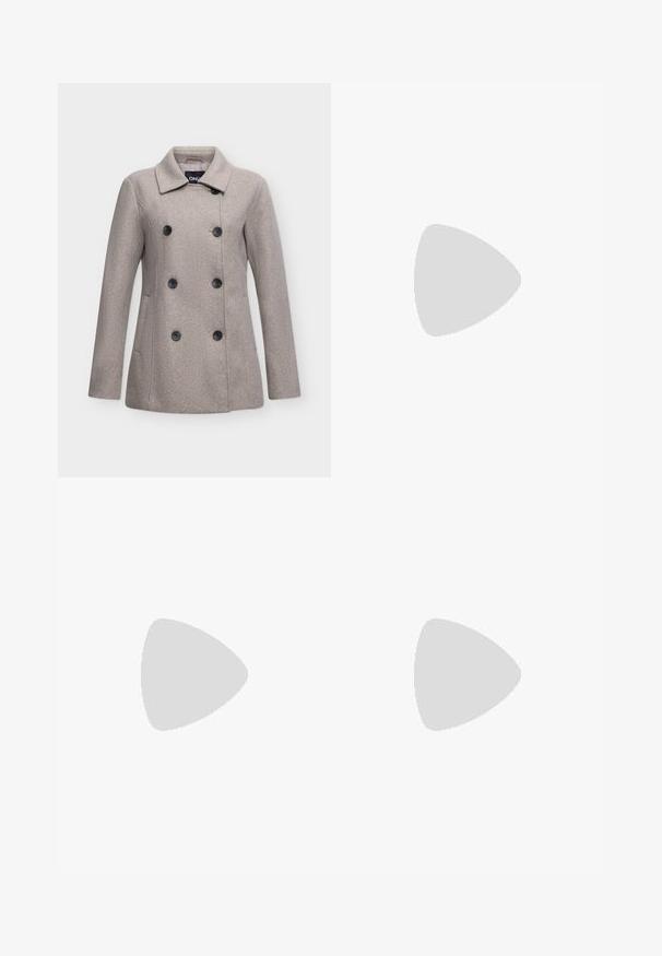 Manteau en laine gris clair, croisé, avec six boutons noirs, manches longues, col et poches latérales, présenté sur un fond uni.; Pull gris à col rond et manches longues, avec un motif répété de petits cœurs blancs sur toute la surface. Tissu à la texture douce.; Jean en denim bleu à jambes larges avec cinq poches, fermeture par bouton et coutures marron visibles, présenté à plat sur fond blanc.; Jambes portant des leggings côtelés foncés associés à des ballerines noires avec de petits détails en nœud sur fond blanc.