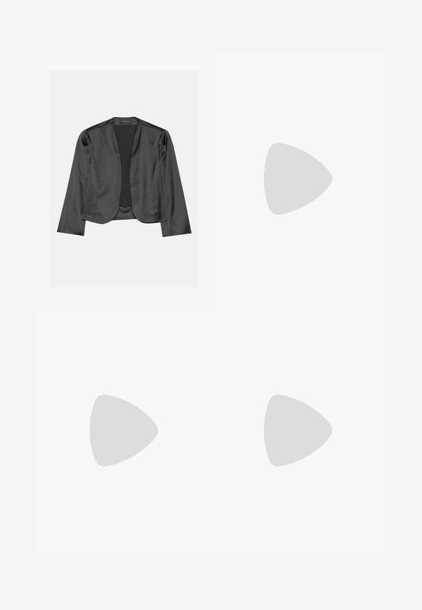 Zwart satijnen blazer met een gladde textuur, open voorkant, lange mouwen en een minimalistisch silhouet. Binnenin gelabeld als "ANNA FIELD".; Leopardprint mouwloze top, gedrapeerde halslijn, zijdezachte textuur, bruin en beige kleurenschema, met gedurfde zwarte vlekken en een gladde afwerking.; Donkerbruine kokerrok bedekt met glanzende pailletten, met een eenvoudige bruine elastische tailleband, gepresenteerd op een witte achtergrond.; Metallische gouden hoge hakpomp met een spitse teen, slanke hak, een gladde textuur en minimale stikseldetails op de bovenkant.