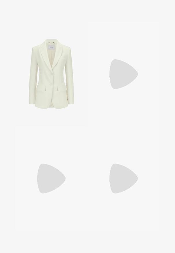 Weißer, taillierter Blazer mit Reverskragen, zwei vorderen Taschen und einer Drei-Knopf-Verschlussleiste. Glattes Material mit strukturiertem Design und minimalen Details.; Hellrosa schulterfreie Bluse mit Lochstickerei in Blumenmuster, welligem Saum und dreiviertel Puffärmeln mit elastischen Bündchen.; Lavendelfarbener, gerippter Strick-Bleistiftrock mit schmaler Silhouette und elastischem Bund, entworfen für einen eleganten Look und Komfort.; Silberne Sandalen mit klaren Riemen und floralem Schmuck. Sie haben ein elegantes Design und eine glänzende Oberfläche, die sich für formelle Anlässe eignet.
