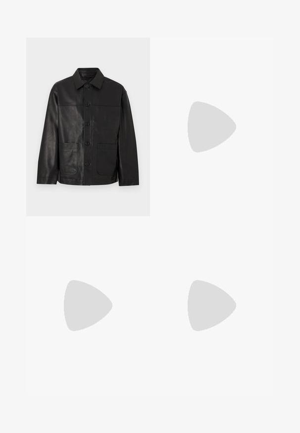 Black leather button-up jacket with collar and two large front patch pockets, displayed against a plain light background.; Black short-sleeve T-shirt made of smooth cotton fabric, featuring a crew neckline and a simple design without patterns or accents.; Black straight-leg trousers with a waistband, belt loops, front zipper, and side pockets shown on a white background.; Black leather loafer with smooth texture, pointed toe, and a decorative strap across the instep. Lightweight sole, minimal design.