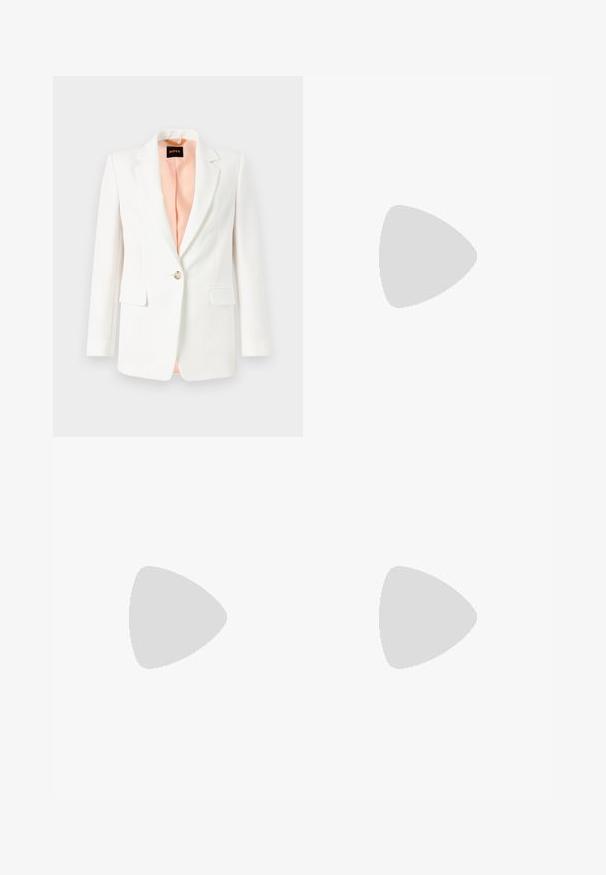 Blazer blanc avec un col cranté, fermeture à un bouton, et deux poches avant. Doublé en tissu pêche doux. Texture lisse, coupe ajustée.; Robe maxi crème à manches longues avec col en V et broderies florales bleu, violet, vert et marron sur les manches, le corsage et la jupe.; Escarpin à bride arrière en cuir noir avec bout pointu, boucle dorée et talon effilé sur un fond neutre.; Sac seau en cuir noir avec fermeture à cordon, une seule bandoulière et petit logo doré "HUGO" au centre devant.