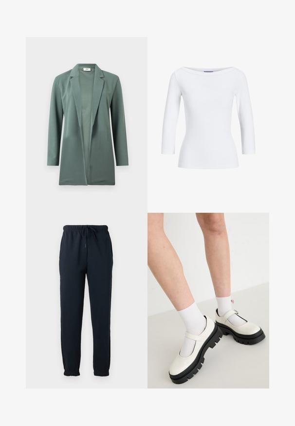 Grüner Blazer mit langen Ärmeln aus glattem Stoff. Verfügt über einen schmalen Kragen und ein offenes Design. Keine sichtbaren Verschlüsse oder Verzierungen.; Weißes, geripptes Langarmoberteil mit weitem Ausschnitt. Der Stoff ist glatt, figurbetont und zeichnet sich durch einen sauberen Abschluss an den Bündchen und dem Saum aus.; Schwarze Jogginghose mit elastischem Bund, Kordelzug, Seitentaschen und elastischen Bündchen an den Knöcheln.; Weiße Lackleder-Mary-Jane-Schuhe mit einer dicken schwarzen Sohle, versehen mit einem Riemen über dem Spann und getragen mit weißen Socken.