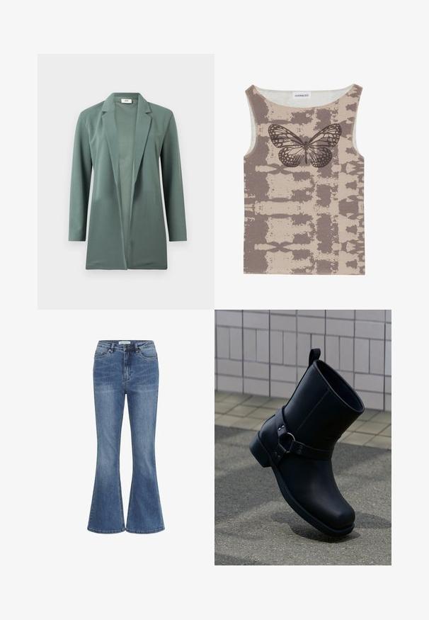 Grøn, langærmet blazer lavet af glat stof. Har en spids krave og et åbent frontdesign. Ingen synlige lukninger eller decorationer.; Even&Odd Top - multi coloured; Blå denim jeans med høj talje, frontlukning med knap og lynlås, og let udvidede ben.; Sort læderankelstøvle med rem og metalringdetalje, vist på grå fortov med flisebelagt væg i baggrunden.