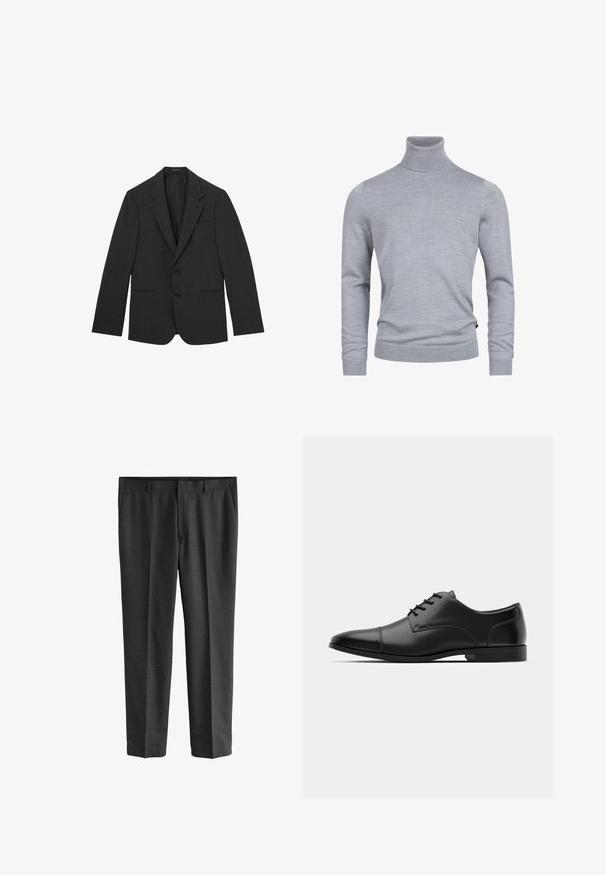 Sort herreblazer med to knapper, skrå kraver, forlommer samt en enkelt brystlomme, vist på hvid baggrund.; Grå turtleneck sweater lavet af et blødt strikket stof. Har lange ærmer og en tætsiddende design med ribbede manchetter og kant. Enkel, glat tekstur.; Grå skræddersyede bukser lavet af fint stof. Har lige ben, en glat tekstur og et subtilt vævemønster. Synlige forlommer.; Sorte læder slipsede sko med rund tå, glat tekstur, seks snørehuller og en lav sort sål. Har en subtil søm hen over tåen.