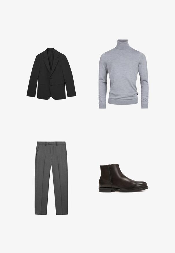 Sort herreblazer med to knapper, skrå kraver, forlommer samt en enkelt brystlomme, vist på hvid baggrund.; Grå turtleneck sweater lavet af et blødt strikket stof. Har lange ærmer og en tætsiddende design med ribbede manchetter og kant. Enkel, glat tekstur.; Grå formelle bukser med bæltestropper, sidelommer, knaplukning foran og pressede læg ned langs hvert ben.; Sort læder ankelstøvle med en glat tekstur, rund tå og lav hæl. Har en side lynlås for nem påtagning.
