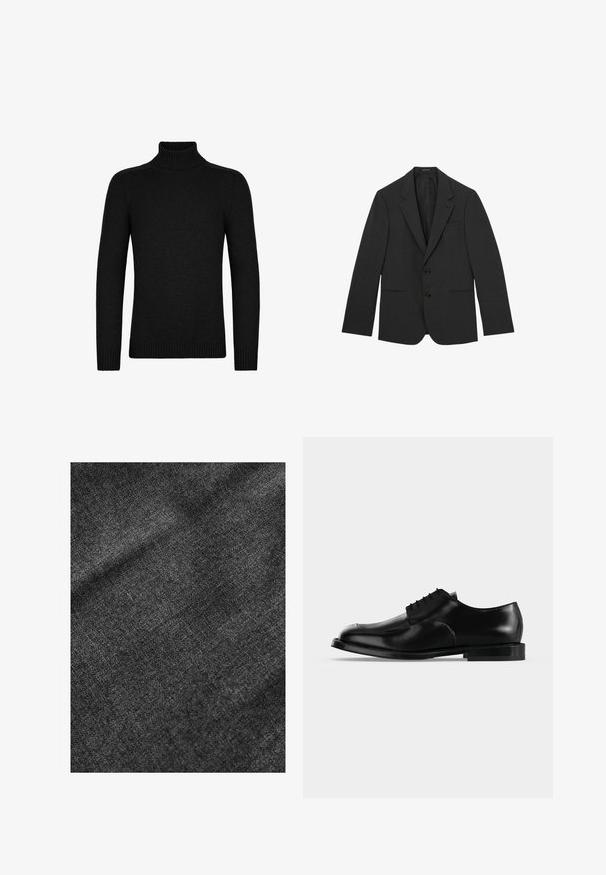 Sort herreblazer med to knapper, skrå kraver, forlommer samt en enkelt brystlomme, vist på hvid baggrund.; Sort rullekravesweater lavet af blødt stof, med ribstrikket krave og manchetter, med en tætsiddende pasform og lange ærmer.; Struktureret sort stof med en blød, let skinnende overflade, der viser et subtilt vævemønster og en glat fald.; Sort lædersko til mænd med snørebånd, glat finish og lav hæl, vist i sideprofil på en ensartet lys baggrund.