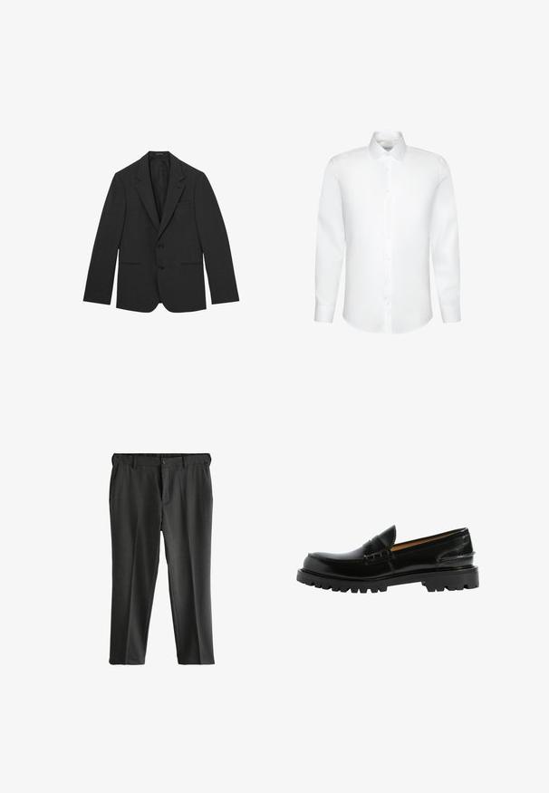 Sort herreblazer med to knapper, skrå kraver, forlommer samt en enkelt brystlomme, vist på hvid baggrund.; Enkelt hvid skjorte med lange ærmer, klassisk krave og knaplukning foran, vist mod en hvid baggrund.; Grå skræddersyede bukser med flad front, to sidelommer og knaplukning. Glat stof med en subtil tekstur og pressede folder.; Sorte læder loafers med en behagelig silhuet, teksturerede detaljer på overdelen og en robust sort gummisål.