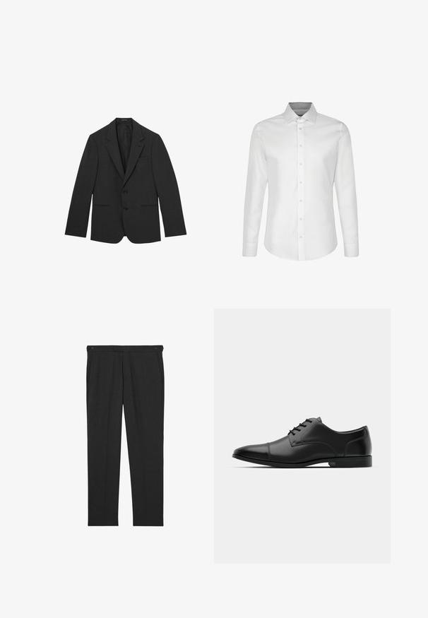 Sort herreblazer med to knapper, skrå kraver, forlommer samt en enkelt brystlomme, vist på hvid baggrund.; Hvid herre skjorte med lange ærmer, knaplukning foran og klassisk krave med et diskret mønstret innerfor.; Mørkegrå bukser lavet af tekstureret stof med to forlommer og to knapper ved linningen til lukning. Fladt frontdesign.; Sorte læder slipsede sko med rund tå, glat tekstur, seks snørehuller og en lav sort sål. Har en subtil søm hen over tåen.