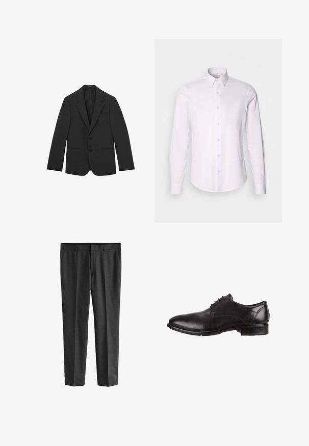 Zwarte herenblazer met twee knopen, met blinde revers, voorzakken met rand en een enkele borstzak, weergegeven op een witte achtergrond.; Witte langemouwen shirt van gladde stof met een button-down kraag, voorzien van een volledige knoopsluiting en een afgeronde zoom.; Grijze op maat gemaakte broeken van fijne stof. Kenmerkend zijn de rechte pijpen, een gladde textuur en een subtiel uitzicht patroon. Zichtbare voorzakken.; Zwarte leren dresschoenen met een gladde afwerking, ronde neus, vetersluiting en een lage gestapelde hak. Subtiele stikselaccenten zichtbaar.