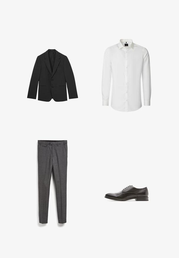 Sort herreblazer med to knapper, skrå kraver, forlommer samt en enkelt brystlomme, vist på hvid baggrund.; Hvid herreskjorte med lange ærmer, knaplukning foran, klassisk krave og Venti-brandlabel på indersiden af kraven.; Grå skræddersyede bukser med et struktureret stof, frontlomme og lige ben design. Har en knaplukning i taljen.; Sorte læder dresssko med rund tå, glat overflade, seks øjer til snøring, og en flad hæl med en let glans.