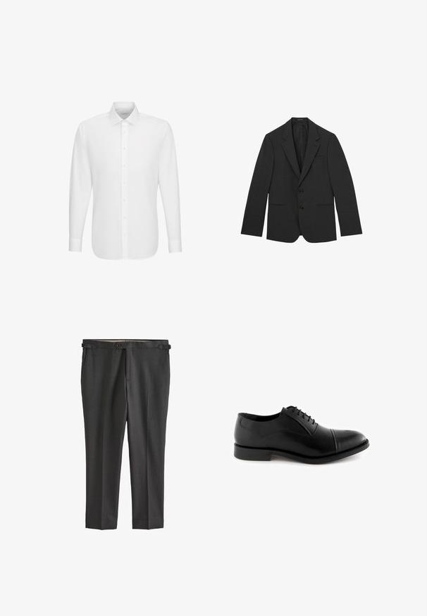 Zwarte herenblazer met twee knopen, met blinde revers, voorzakken met rand en een enkele borstzak, weergegeven op een witte achtergrond.; Witte lange mouwen overhemd met knoopsluiting aan de voorkant en klassieke kraag, weergegeven tegen een effen witte achtergrond.; Donkergrijze op maat gemaakte broek met een gladde textuur, knoopsluiting, riemlussen en zijzakken. Heeft een platte voorkant met scherpe plooien.; Zwarte leren draag schoenen met een gladde afwerking, ronde neus, vetersluiting en een subtiele naden detail over de neuskap.