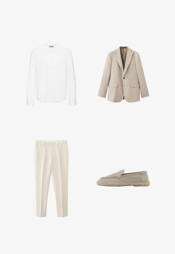 Blazer beige pour homme à simple boutonnage avec revers crantés, deux poches avant à rabat, une poche poitrine et un bouton visible, présenté sur fond blanc.; Chemise blanche pour hommes à manches longues avec col officier, fabriquée en tissu léger, dotée d'un ourlet droit et de manches retroussées.; Pantalon beige sur mesure avec poches latérales, passants de ceinture, fermeture par bouton et pli frontal courant sur chaque jambe.; Mocassin beige en daim à enfiler avec semelle en jute tressée, détails cousus le long des bordures supérieures, talon plat et bout rond.