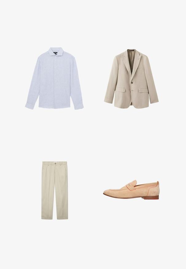 Beige enkeltknotters herreblazer med hakkede revers, to frontlommer med klapper, en brystlomme og en synlig knap, vist på hvid baggrund.; Lyseblå skjorte med lange ærmer med knapper og tynde hvide lodrette striber samt klassisk krave, lagt fladt mod en hvid baggrund.; Beige bukser lavet af et let stof, med knaplukning, sidelommer og lige ben. Glat tekstur.; Beige mokkasiner til mænd i ruskind med orange kant, lav træhæl og syninger som dekoration.