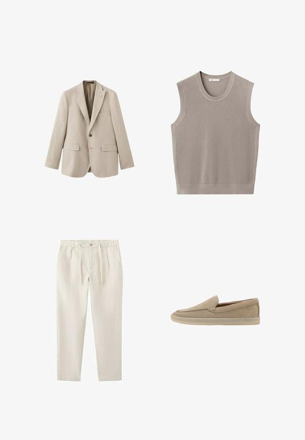Blazer beige pour homme à simple boutonnage avec revers crantés, deux poches avant à rabat, une poche poitrine et un bouton visible, présenté sur fond blanc.; Gilet sans manches en tricot beige clair avec un col rond et un motif ajouré texturé.; Pantalon décontracté beige avec taille élastique, bouton, cordon de serrage, deux poches latérales et jambes fuselées.; Mocassin beige en daim à enfiler, semelle en caoutchouc clair, petit talon et coutures discrètes le long du bord supérieur.