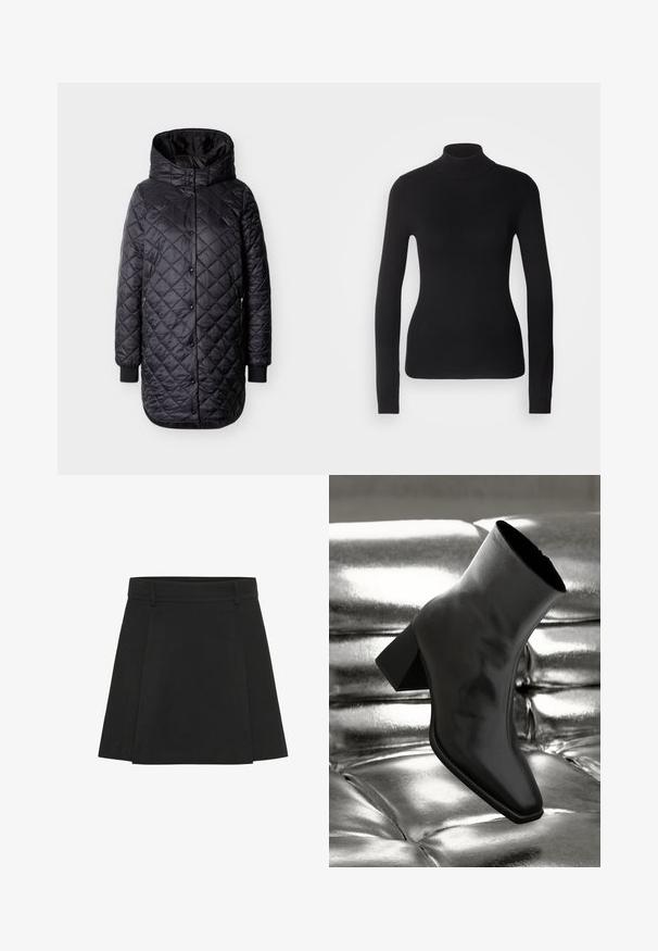 Veste longue noire matelassée avec capuche, fermeture à boutons-pression, poches latérales zippées et poignets côtelés sur fond blanc.; Pull à col roulé noir en maille légère. Il possède des manches longues, une coupe ajustée et une texture côtelée douce.; Jupe plissée noire avec une taille structurée. Fabriquée à partir d'un tissu texturé, elle présente des plis distincts et un ourlet droit.; Botte noire à la cheville en matériau brillant avec un bout carré et un talon effilé, sur un fond argenté brillant et capitonné.