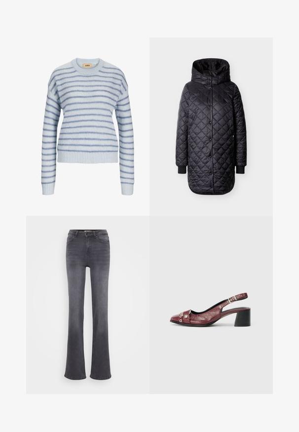 Schwarze, gesteppte lange Jacke mit Kapuze, Druckknopfverschluss, seitlichen Reißverschlusstaschen und gerippten Bündchen vor weißem Hintergrund.; Hellblauer Strickpullover mit horizontalen Streifen in dunklerem Blau. Verfügt über einen runden Ausschnitt sowie gerippte Bündchen und Saum. Weiche Textur.; Graue Schlagjeans aus Denim mit hohem Bund, fünf Taschen und einem Knopfverschluss. Glatte Textur mit subtilen Verbleichungen.; Burgunderfarbene Leder-Slingback-Schuh mit runder Zehenpartie, geschwungenem Design, silbernen Hardware-Akzenten und Blockabsatz. Strukturierte Oberfläche.