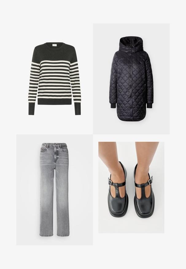 Veste longue noire matelassée avec capuche, fermeture à boutons-pression, poches latérales zippées et poignets côtelés sur fond blanc.; Pull rayé en gris foncé et blanc, col rond, manches longues, arborant des rayures horizontales et des poignets et un ourlet côtelés. Matière tricotée douce.; Jeans taille haute gris avec un design à jambe droite, une légère décoloration et un style classique à cinq poches avec fermeture à bouton en métal.; Chaussures en cuir noir avec un design à bride en T, bout fermé et accents de boucles argentées. Texture lisse avec un bout arrondi et une semelle plate.