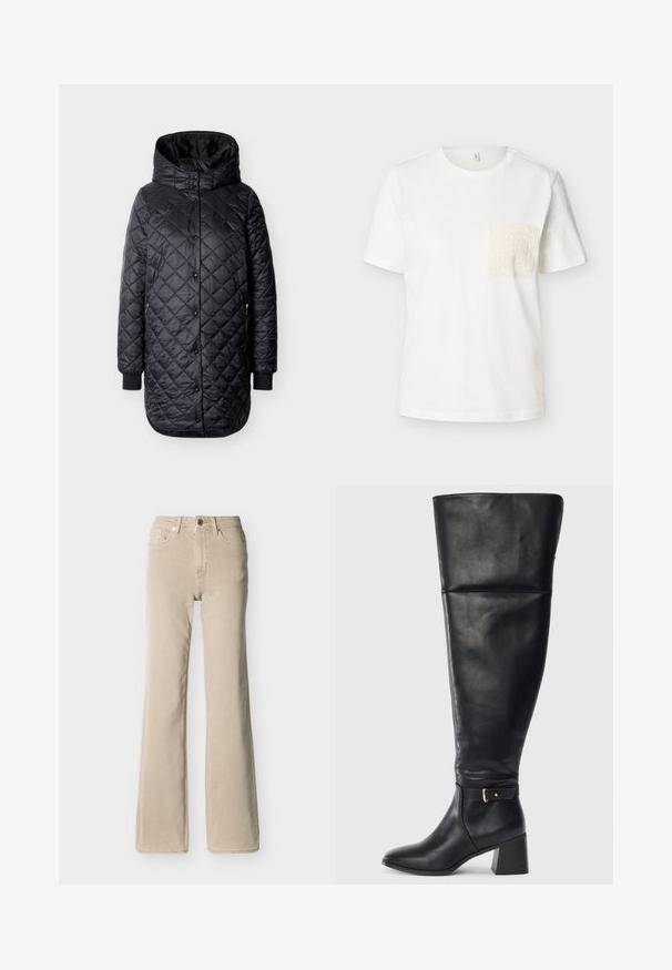 Veste longue noire matelassée avec capuche, fermeture à boutons-pression, poches latérales zippées et poignets côtelés sur fond blanc.; T-shirt blanc à manches courtes avec un col rond et une poche en dentelle crème texturée sur le côté gauche de la poitrine.; Jean beige taille haute avec bouton et fermeture éclair à l'avant, cinq poches, et une jambe légèrement évasée sur un fond uni.; Botte en cuir noire à hauteur de genou avec un talon carré et une sangle décorative avec boucle dorée au-dessus de la cheville, vue de côté sur fond blanc.