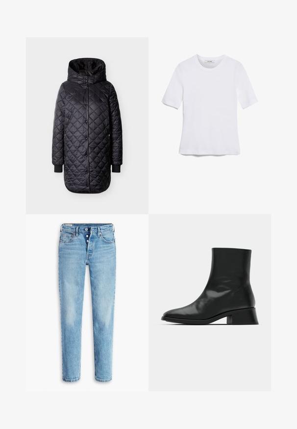 Zwarte doorgestikte lange jas met capuchon, drukknoopsluiting, zijritszakken en geribde manchetten op een witte achtergrond.; Witte korte mouwen t-shirt van ribstof. Ronde halslijn, normale pasvorm en subtiele stiksels. Geen patronen of grafische elementen.; Lichtblauwe denim jeans met een rechte pijpdesign, vijf zakken en een knopenrij. Heeft vervaagde gebieden en wassing voor textuur.; Zwarte enkelboot van glanzend leer, met een slank ontwerp, spitse neus en een gematigde blokhak voor stabiliteit.