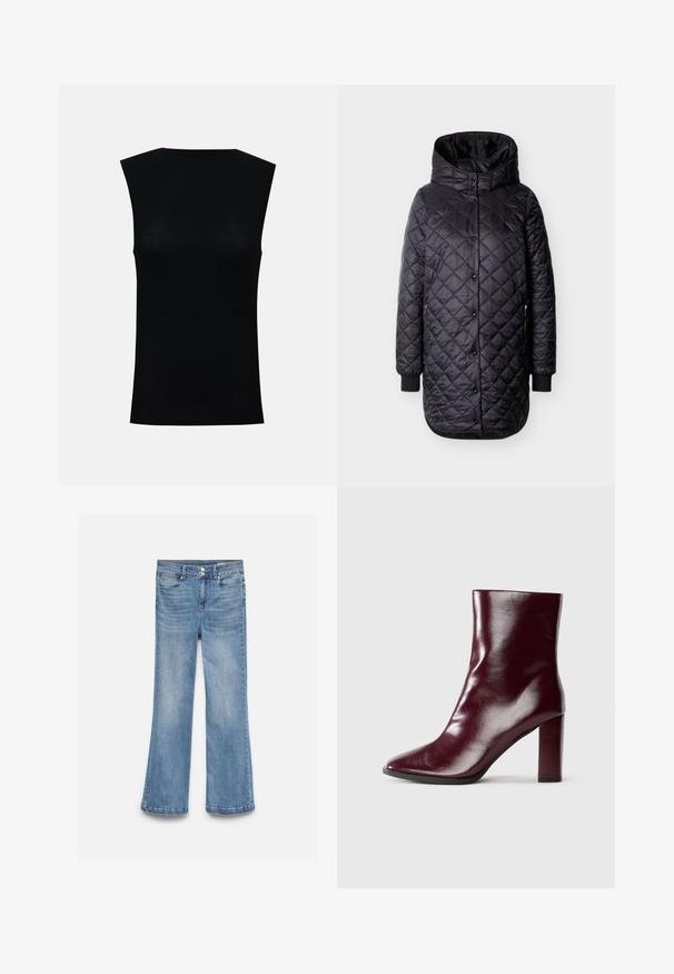 Veste longue noire matelassée avec capuche, fermeture à boutons-pression, poches latérales zippées et poignets côtelés sur fond blanc.; Haut noir ajusté sans manches avec encolure ronde, présenté sur un fond uni gris clair.; Jean en denim bleu clair avec une taille haute, une fermeture double bouton, des poches avant et arrière, et des jambes légèrement évasées.; Botte en cuir bordeaux foncé brillant mi-mollet avec bout pointu et talon bloc haut sur fond neutre.