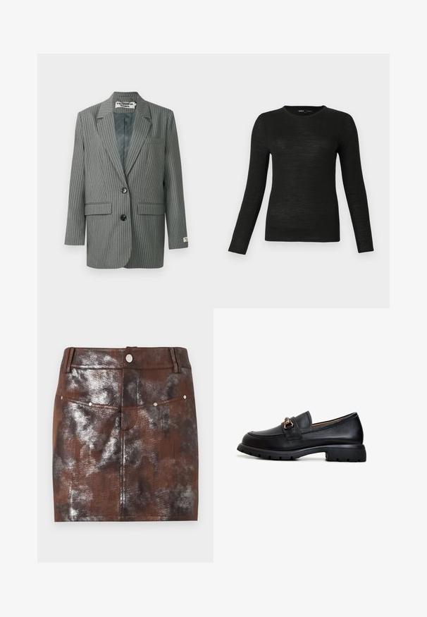 Grå stribet blazer med en enkelt knaplukning, skrå slag, to frontlommer og en brystlomme. Struktureret stof med en glat foring.; Sort langærmet crew neck tætsiddende sweater med glat tekstur, præsenteret på en ensfarvet lys grå baggrund.; Brun og sort mini-nederdel med metalisk effekt, foranlommer, bæltestropper og en sølvfarvet knaplukning i taljen.; Sort læder loafersko med rund tå, dekorativt guldsmykke og en robust gummisål med et struktureret grebmønster.