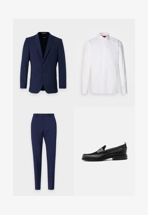 Blazer ajustado de color navy con dos botones, cuello solapa y bolsillos de parche. Textura suave con un diseño minimalista. Logo de la marca visible en el interior.; Camisa blanca de manga larga hecha de algodón, con un collar clásico, placket frontal con botones y una textura suave. Detalle interior del collar en rojo.; Pantalones azul marino a medida con un ajuste slim, que presentan una textura suave, frente plano y piernas con plisados. Sin bolsillos visibles ni adornos.; Mocasín de cuero negro con detalle de tira gris, tacón bajo y suela texturizada, con la marca "HUGO" en oro en el lateral.