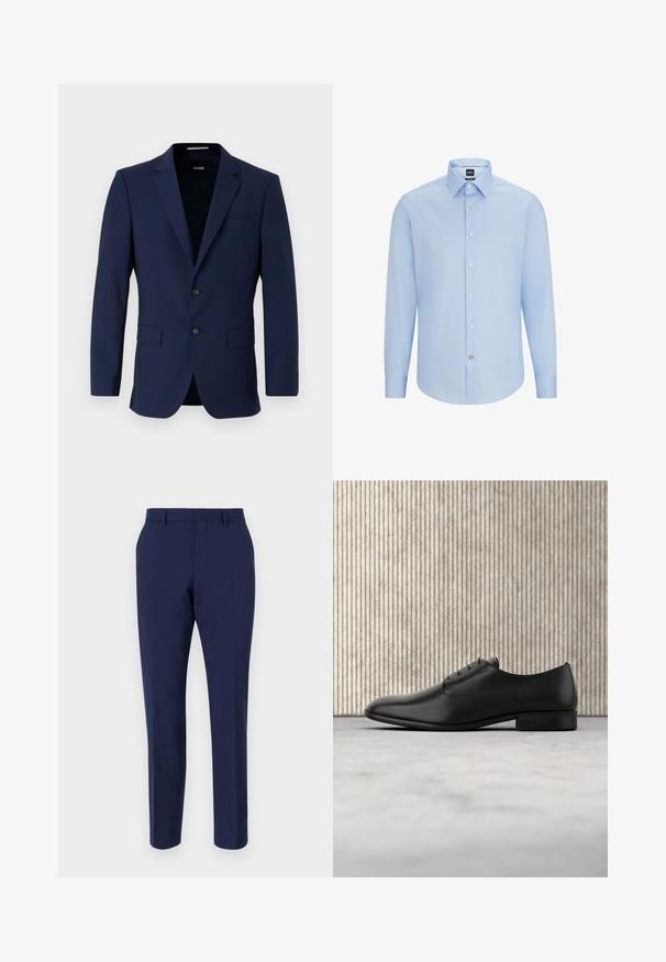 Blazer ajusté bleu marine avec deux boutons, col à revers et poches à rabat. Texture lisse avec un design minimaliste. Logo de la marque visible à l'intérieur.; Chemise à manches longues, de couleur bleu clair, avec un col classique, fabriquée à partir d'un tissu lisse. Présente des boutons blancs sur le devant et les poignets.; Pantalons ajustés bleu marine en tissu lisse, dotés d'une coupe slim, d'un devant plat et d'une taille standard avec passants de ceinture.; Chaussure habillée en cuir noir au design épuré, à bout arrondi, avec cinq œillets pour les lacets et un petit talon rehaussé. Détail du logo embossé subtil.