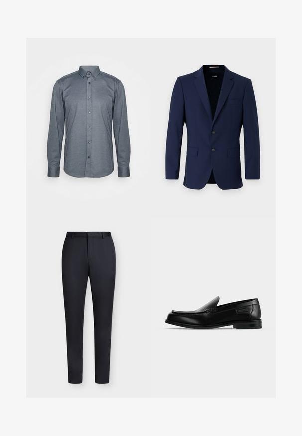 Blazer ajustado de color navy con dos botones, cuello solapa y bolsillos de parche. Textura suave con un diseño minimalista. Logo de la marca visible en el interior.; Camisa de manga larga abotonada en tela gris oscuro, con cuello, botones frontales y puños. Textura suave con un diseño ajustado.; Pantalones negros ajustados a medida con trabillas para cinturón y cierre delantero oculto, mostrados sobre un fondo blanco.; Mocasín negro de cuero tipo slip-on con tacón bajo, punta redondeada y costura decorativa a lo largo del borde superior.