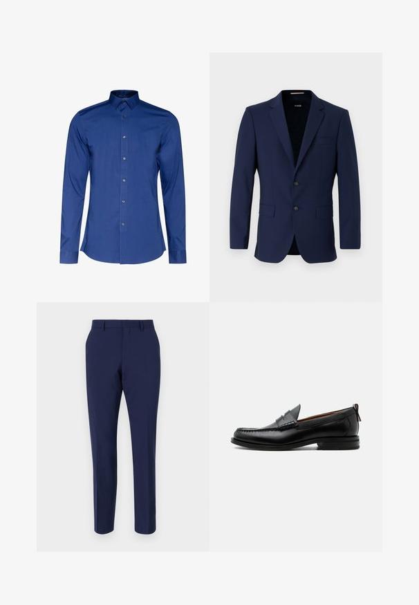 Blazer ajustado de color navy con dos botones, cuello solapa y bolsillos de parche. Textura suave con un diseño minimalista. Logo de la marca visible en el interior.; Camisa de manga larga y cuello en tejido azul oscuro con una textura suave, con cierre de botones en la parte delantera y dobladillo redondeado. Brillo sutil en el tejido.; Pantalones ajustados azul marino hechos de una tela suave, con un corte slim, frente plano y una cinturilla estándar con pasadores para cinturón.; Mocasín de hombre de piel negra con costura moc toe, tira penny, cuello texturizado y tacón bajo apilado sobre fondo blanco.