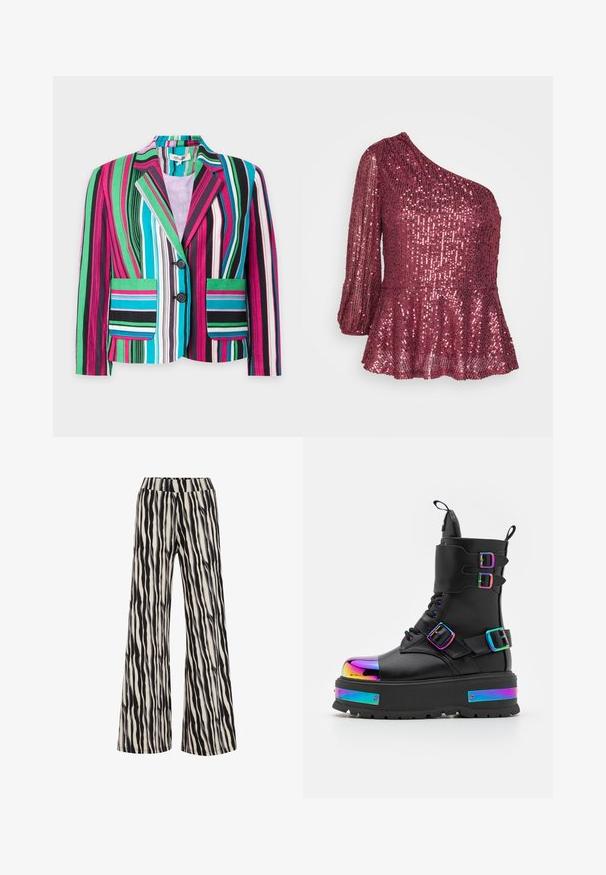 Farverig stribet blazer med pink, grøn, blå, hvid og sort lodret striber, to forlommer og to sorte knapper.; JDY JDYCARMEN ONE SHOULDER GLITTER - Top - apple butter; Bredde ben bukser med et sort-hvidt tigerstribe mønster, lavet af et struktureret stof med en elastisk talje.; Koi Footwear COSMIC FIRE METAL PLATFORM BOOTS - Snørestøvletter - black/multi-coloured