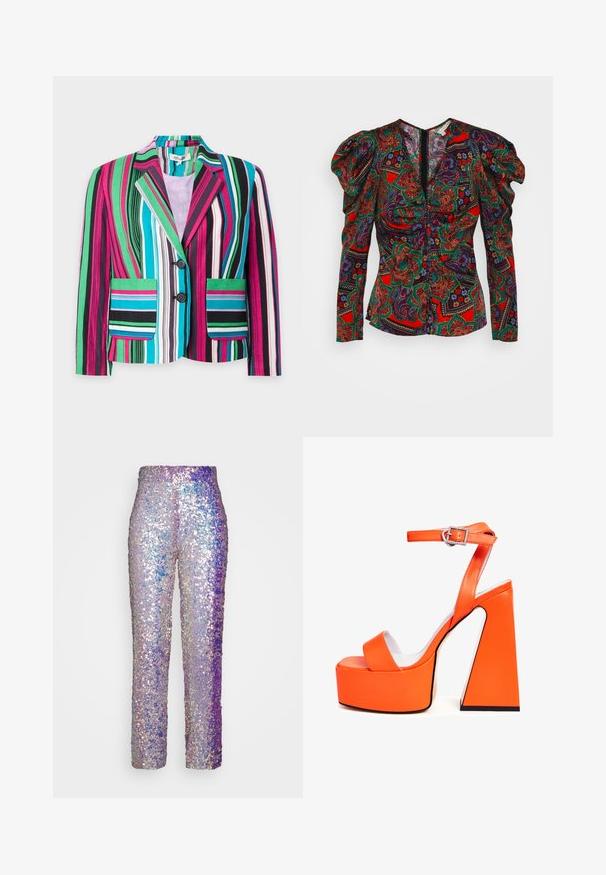 Farverig stribet blazer med pink, grøn, blå, hvid og sort lodret striber, to forlommer og to sorte knapper.; Veronica Beard SIMMONS - Bluse - flame red multi; VACLAV IRRIDESCENT SEQUIN PANTS - Bukser - purple; Orange platform sandaler med en firkantet hæl, en bred rem over tæerne og en spænde ankelrem. Glat, blank finish.