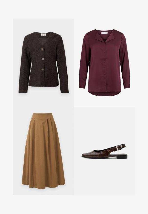 Mørkebrun tekstureret blazer til kvinder med lange ærmer og tre frontknapper, der har en V-halsudskæring og en glat inderside.; Langærmet mørkerød bluse med foldet krave og skjult knappelukning foran, lavet af glat stof.; Brun bomulds A-linjeet nederdel med høj talje, præget af læg foran og en glat tekstur. Endeafslutningerne er enkle og rene.; Mørkebrun læderslingback flad sko med firkantet tå, krokodille tekstur og sølvspænde på remmen.