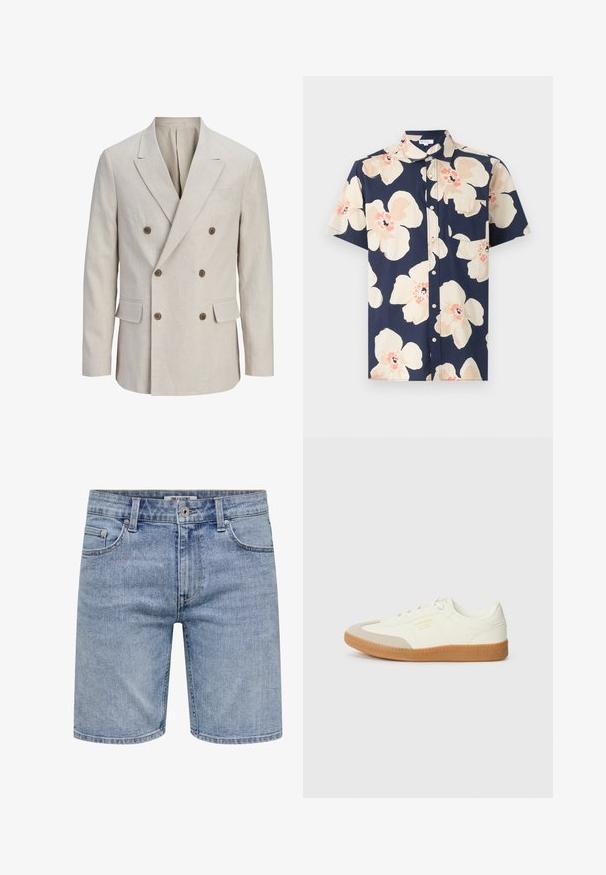 Blazer beige croisé avec larges revers crantés, six boutons marron, deux poches avant à rabat et une poche poitrine passepoilée.; Chemise homme à manches courtes avec boutons, fond bleu marine et grand motif floral beige et pêche, avec une poche poitrine côté gauche.; Short en jean bleu clair avec fermeture éclair devant, fermeture à bouton, passants de ceinture et cinq poches, présenté de face sur fond blanc.; Baskets en cuir blanc avec une coque beige et une semelle en caoutchouc marron clair. Dotées de lacets blancs plats et d'un logo embossé sur le côté.