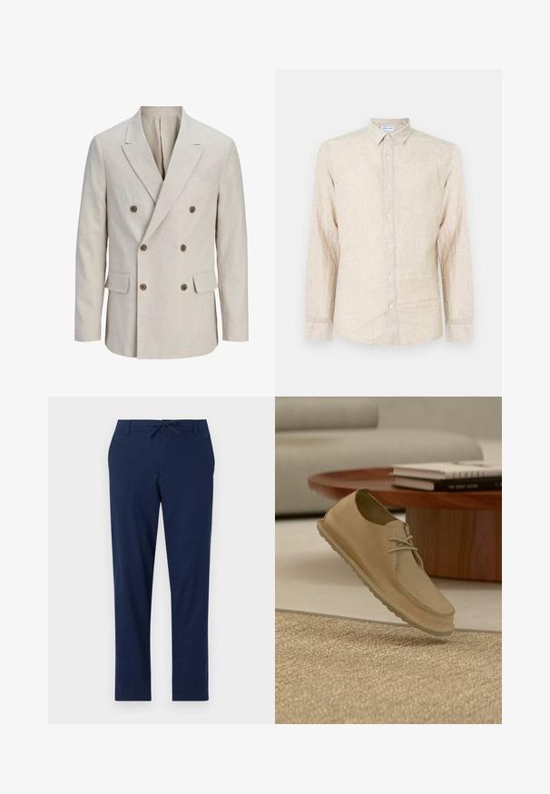 Beige dobbeltradet blazer med brede hak-reverser, seks brune knapper, to frontlommer med klap og én brystlomme med paspoleret åbning.; Beige langærmet skjorte lavet af struktureret stof, med en klassisk krave, knaplukning og en afslappet pasform.; Marineblå bukser lavet af et let materiale med elastisk talje og tætsiddende ben, der har for- og baglommer.; Beige ruskindslignende snøresko, der svæver over et struktureret tæppe i en moderne stue med et træ-sofabord og bøger.