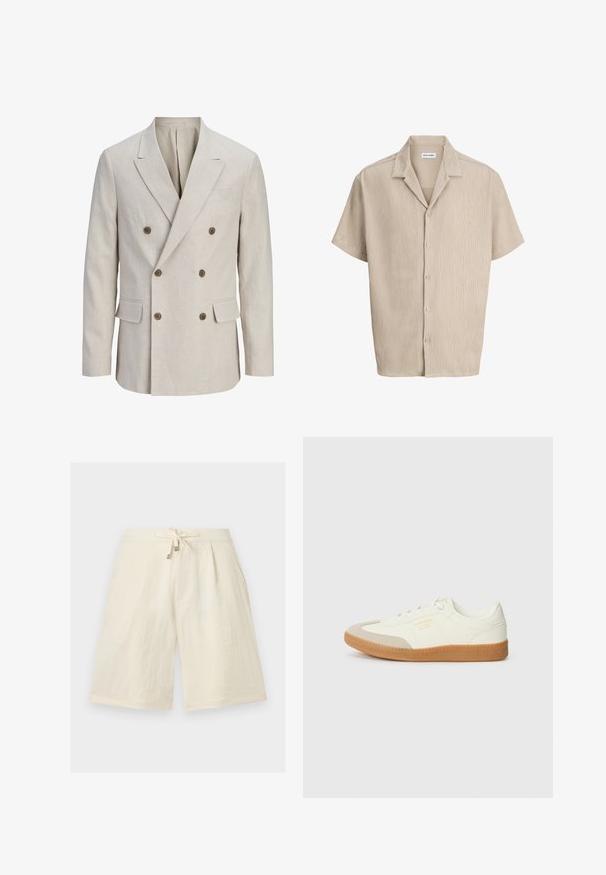 Blazer beige croisé avec larges revers crantés, six boutons marron, deux poches avant à rabat et une poche poitrine passepoilée.; Chemise beige en velours côtelé à manches courtes avec boutons sur le devant et col ouvert de Jack & Jones.; Shorts crème arrivant aux genoux avec une taille à cordon de serrage et une coupe ample, confectionnés dans un tissu léger.; Baskets en cuir blanc avec une coque beige et une semelle en caoutchouc marron clair. Dotées de lacets blancs plats et d'un logo embossé sur le côté.
