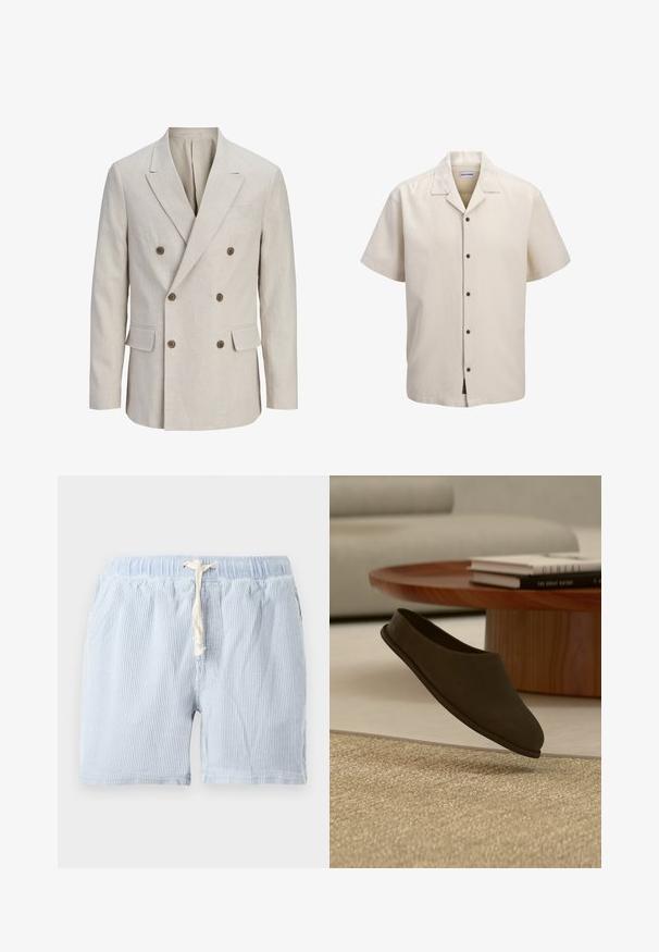 Beigefarbener, doppelreihiger Blazer mit breitem Spitzrevers, sechs braunen Knöpfen, zwei Pattentaschen vorne und einer Brustleistentasche.; Beiges Kurzarmhemd mit Camp-Kragen, fünf dunklen Knöpfen und lockerer Passform.; Himmelblau gestreifte Shorts aus weichem Stoff mit elastischem Bund und Kordelzug. Hat seitliche Taschen und eine lockere Passform.; Dunkelbrauner Slip-On-Hausschuh, der über einem strukturierten beigen Teppich schwebt, mit einem runden Holzcouchtisch und gestapelten Büchern im Hintergrund.