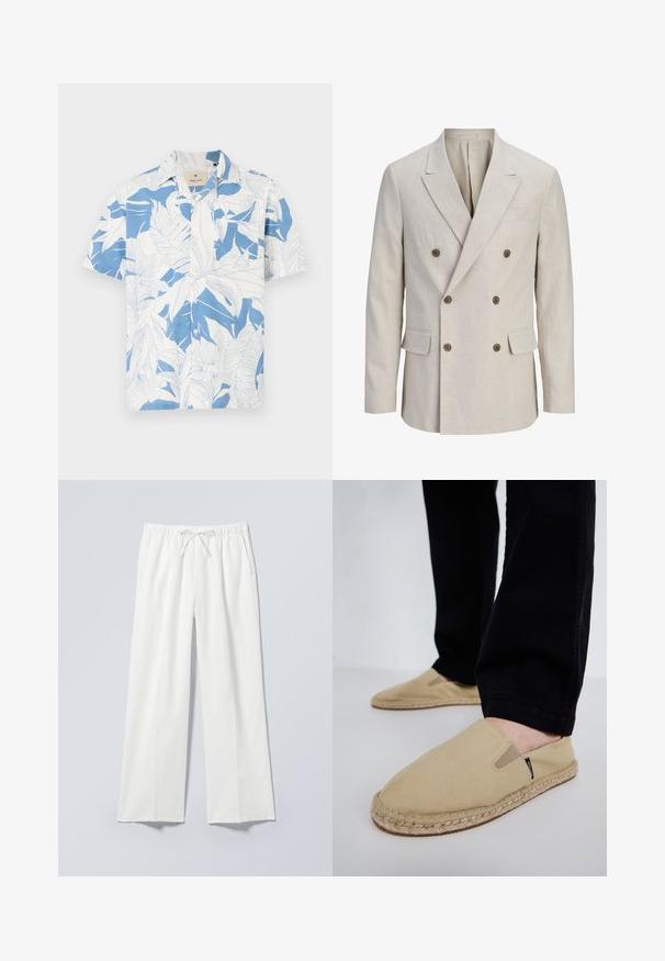 Beige double-breasted blazer met brede gekartelde revers, zes bruine knopen, twee voorflapzakken en één borstzak met bies.; Korte mouw shirt met een wit en blauw tropisch bladpatroon, gemaakt van lichtgewicht stof. Heeft een klassieke kraag en een knoopsluiting aan de voorkant.; Witte wijde broek met elastische tailleband en trekkoord, voorzien van zijzakken en een gladde, licht gestructureerde stof.; Beige canvas instapschoenen met elastische inzet, jute touwzool en contrasterende stiksels. Draag ze met zwart taps toelopende broek.
