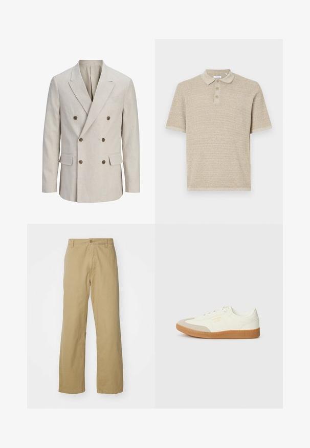 Beige dobbeltradet blazer med brede hak-reverser, seks brune knapper, to frontlommer med klap og én brystlomme med paspoleret åbning.; Beige polo skjorte, korte ærmer, tekstureret strikstof, tre-knaps lukning, klassisk krave, subtilt mønster, afslappet pasform.; Khaki bomuldsbukser med lige ben, der har en frontknaplukning og sidelommer. Glat, robust tekstur.; Sneaker lavet af hvid læder med en beige tåhætte og let brunt gummisål. Har flade hvide snørebånd og prægede branding på siden.
