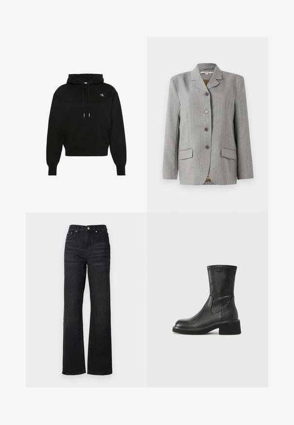 Blazer de cuadros gris con cuello de muesca, cuatro botones delanteros, dos bolsillos laterales y una textura suave.; Sudadera con capucha negra de manga larga con cordones, puños acanalados, bajo acanalado y pequeño logo blanco "cK" en el lado izquierdo del pecho.; Jeans de mezclilla negra de pierna ancha con una cintura alta, diseño de cinco bolsillos y botón de metal plateado. La tela tiene una textura suave y un ligero estiramiento.; Tommy Jeans Botines bajos - black