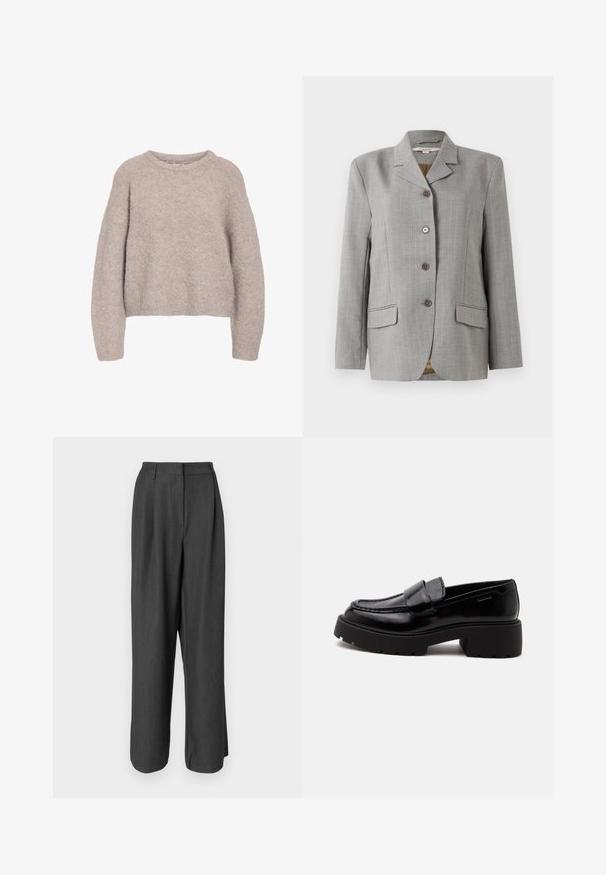 Blazer à carreaux gris avec col cranté, quatre boutons à l'avant, deux poches latérales et une texture lisse.; Pull en maille beige clair avec une silhouette décontractée, un col rond et des manches longues. Matière texturée et douce avec une apparence confortable.; Pantalons larges gris foncé avec une coupe sur mesure. Présente une texture lisse, des détails de pli et une taille mi-haute.; Mocassin en cuir noir brillant avec semelle épaisse, petit talon carré, couture latérale et large bride sur le dessus.