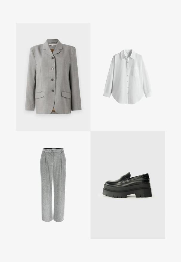 Grauer kariert Blazer mit geknöpften Revers, vier Frontknöpfen, zwei Taschen an den Seiten und einer glatten Textur.; Weißes langärmeliges Hemd mit Knopfleiste, Kragen und Brusttasche, dargestellt auf einem schlichten weißen Hintergrund.; Grau, weite Hosen mit strukturierter Oberfläche, die über vordere Falten und einen einzelnen Knopfverschluss an der Taille verfügen.; Schwarze Lederloafer mit einer klobigen Plateausohle. Abgerundete Spitze, Nahtdetail auf der Vorderseite und dezente Nähte. Flache, strukturierte Außensohle.