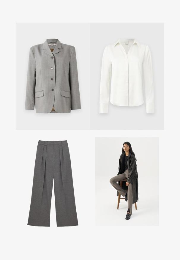 Grå ternet blazer med nøddekrave, fire frontknapper, to sidelommer og en glat tekstur.; Hvid langærmet bluse med bred krave, skjulte knapper foran og knappede manchetter, vist mod en ensartet lys baggrund.; Grå, højtaljede bukser med vide ben, forreste plisseringer og bæltestropper, designet til et skræddersyet og formelt look.; Sort læder trench coat med knapper og bælte detalje, parret med lysebrune tætsiddende bukser og sorte loafers, siddende på en træstol.
