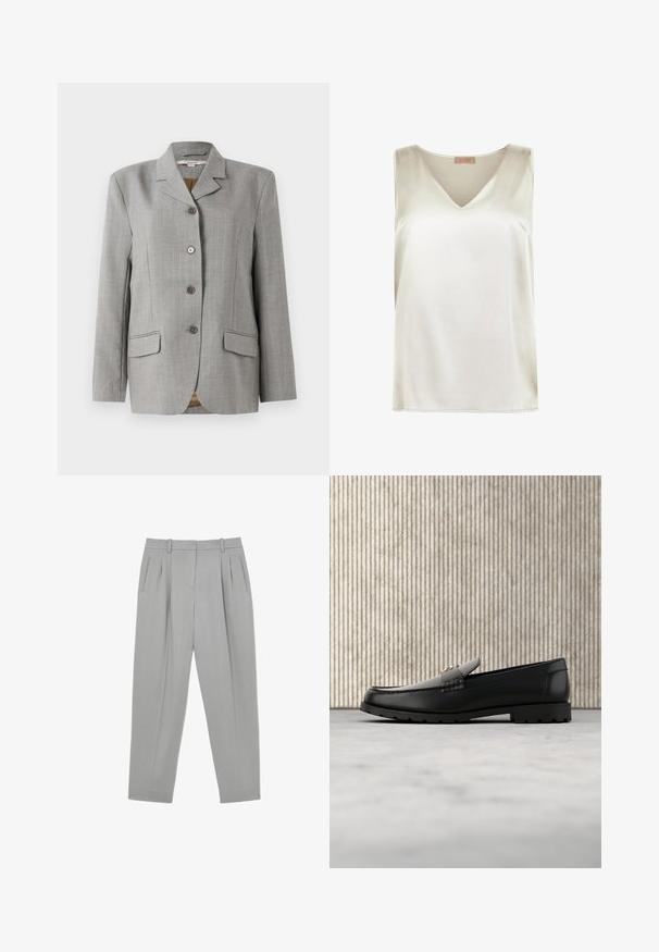 Grå ternet blazer med nøddekrave, fire frontknapper, to sidelommer og en glat tekstur.; Ærmeløs satinbluse i elfenben med V-udskæring og smalt skulderdesign, mærket Falconeri Seta Collection.; Lysegrå formelle bukser med frontplisser, sidelommer, bæltestropper og en tilspidset benform.; Sorte læder loafers med en hævet søm, guld accentlogo og tekstureret rem. Har en tykk, holdbar gummisål.