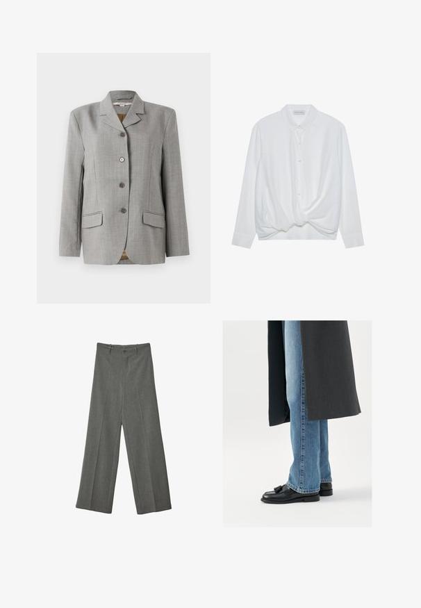 Grå ternet blazer med nøddekrave, fire frontknapper, to sidelommer og en glat tekstur.; Hvid langærmet skjorte med krave, knaplukning foran og snoet knudedetalje i kanten. Glat stof med en afslappet pasform.; Grå bredbenede bukser lavet af tekstureret stof, med en frontfolder og to lommer, samt en enkelt frontknaplukning.; Sorte læderloafer med kvaster, båret med lyseblå lige ben jeans, suppleres af en mørkegrå frakke. Rene linjer og struktureret stof.