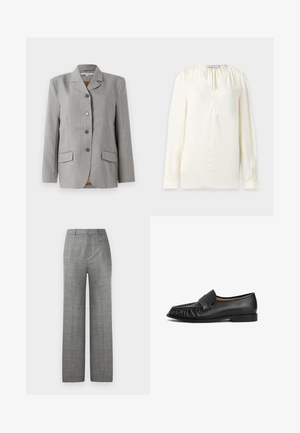 Blazer à carreaux gris avec col cranté, quatre boutons à l'avant, deux poches latérales et une texture lisse.; Blouse à manches longues de couleur crème avec col en V et plis discrets près de l'encolure, présentée sur un fond uni.; Pantalons larges gris sur mesure avec passants de ceinture et pression à l'avant sur fond blanc, adaptés pour une tenue formelle ou professionnelle.; Mocassins en cuir noir avec un bout arrondi, des détails plissés à l'avant et une semelle plate. Design minimaliste avec une texture lisse.