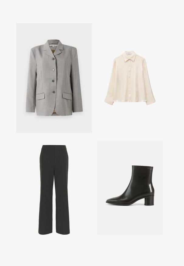 Blazer de cuadros gris con cuello de muesca, cuatro botones delanteros, dos bolsillos laterales y una textura suave.; Blusa de seda color crema de manga larga, con cuello en punta y cierre de botones en la parte delantera, mostrada sobre un fondo blanco liso. Sin patrones ni diseños visibles.; Pantalones de pierna ancha en gris oscuro con una tela texturizada, que cuentan con un frente plano, presillas para cinturón y un dobladillo limpio, adecuados para vestir formal o casual.; Bota de tobillo de cuero negro con punta puntiaguda y tacón de bloque de altura media. Textura lisa y diseño minimalista. Sin herrajes visibles.